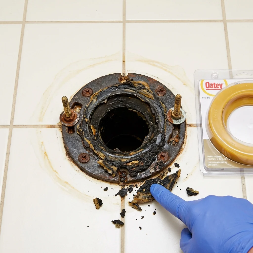 Failed wax ring showing water seepage at the base of a toilet in a Girard, IL home