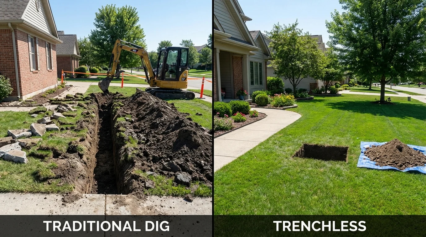 Trenchless sewer repair with minimal yard damage versus traditional excavation in Girard, IL